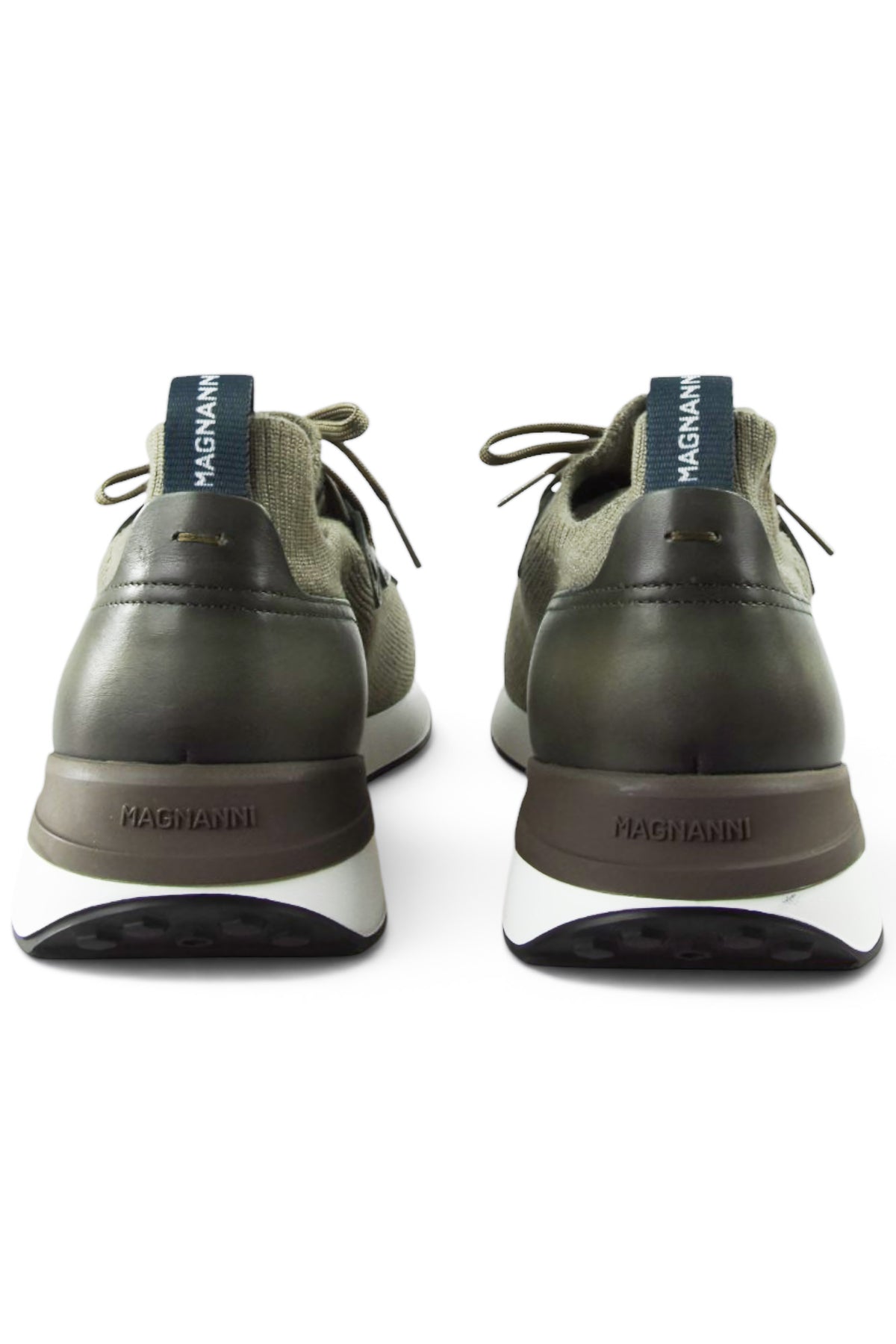 Khaki sneakers rear view with pull tab, dark heel panel, and white rubber midsole