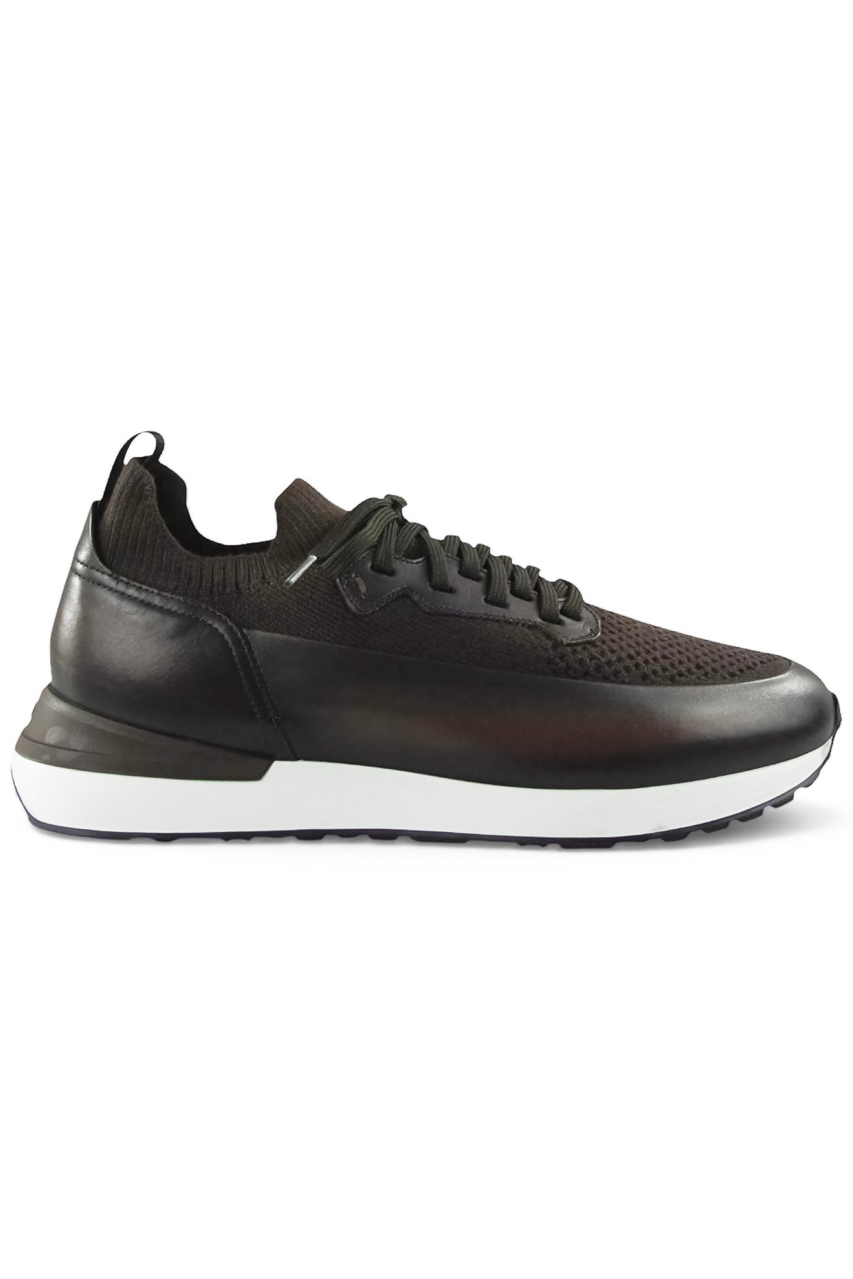 Dark brown knit and leather lace-up trainer with textured panel and white rubber sole.