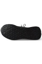 Trainer outsole view with textured rubber tread and rear heel profile.