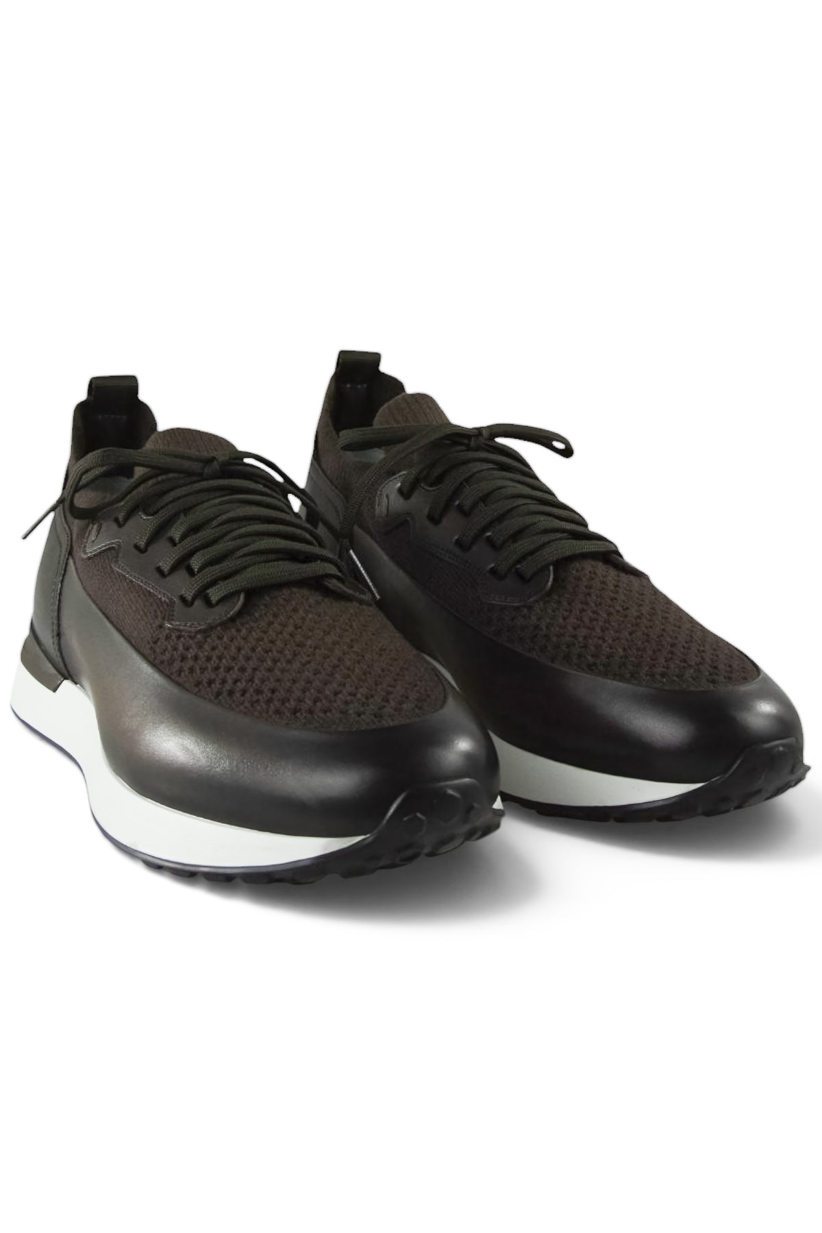 Pair of dark brown leather and knit lace-up trainers with white midsoles.