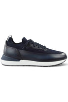 Dark blue knitted and leather low-top trainers with lace-up front and white rubber sole