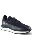 Dark blue knitted and leather trainers, lace-up front, side panel detailing, white sole