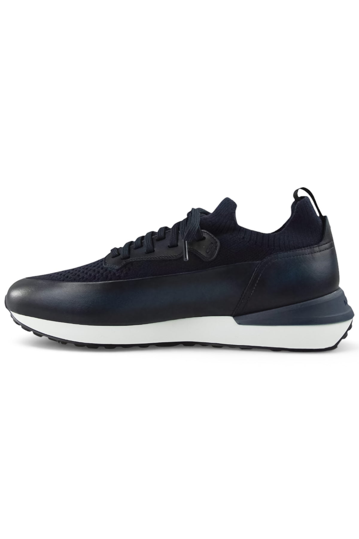 Dark blue low-top lace-up trainers with knit upper, leather toe cap, and white midsole