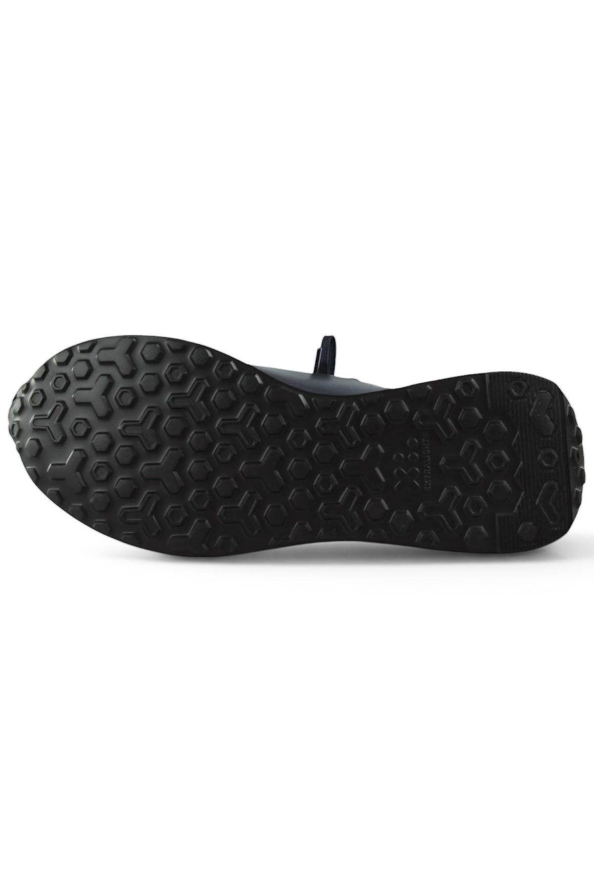 Sole view of dark blue trainers with textured rubber tread and raised traction pattern