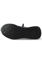 Sole view of dark blue trainers with textured rubber tread and raised traction pattern