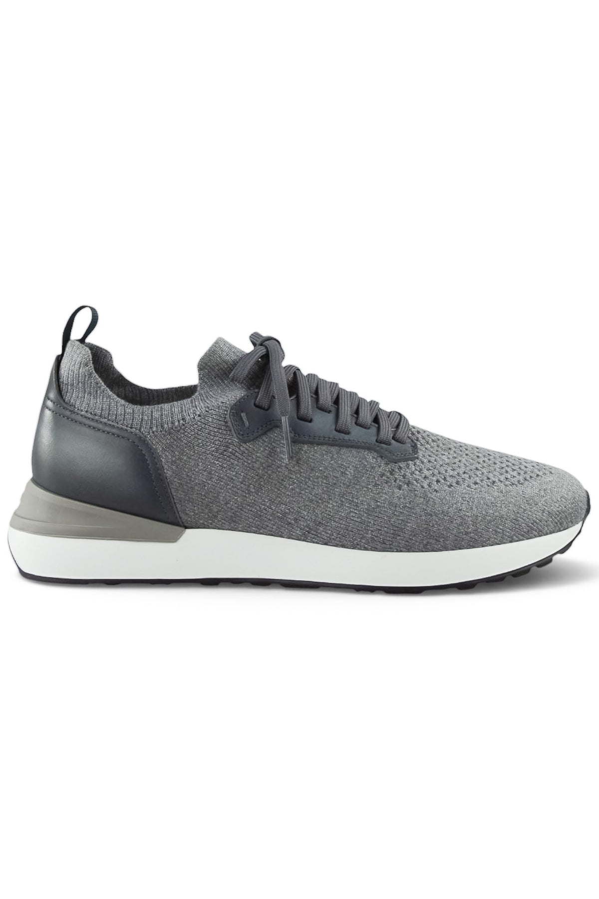 Grey knitted and leather trainers with lace-up front and cushioned white sole