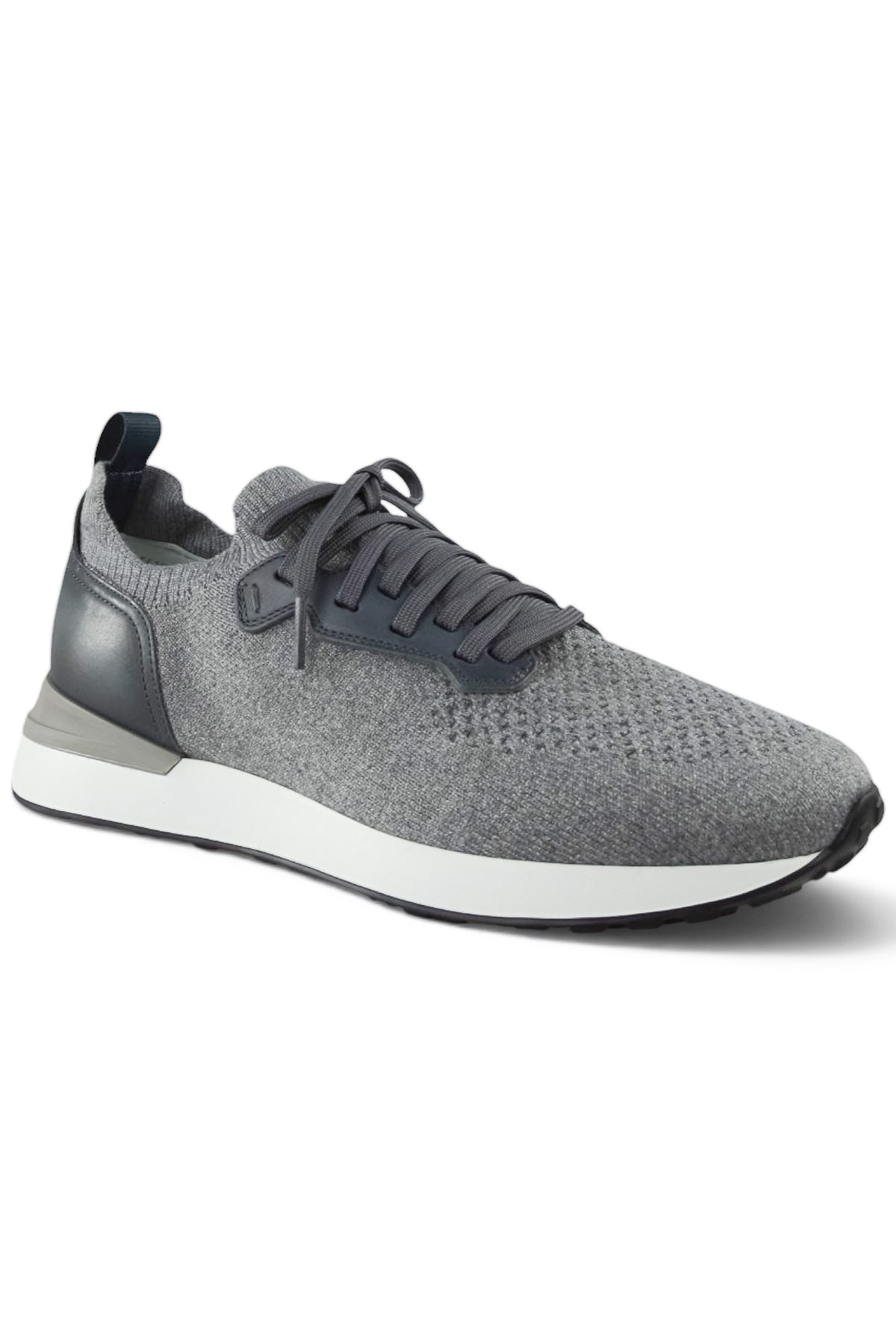 Grey lace-up trainer with knitted upper, side leather panel, and low-profile sole