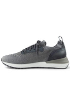Grey knitted sneaker with lace-up closure and leather heel and side panels