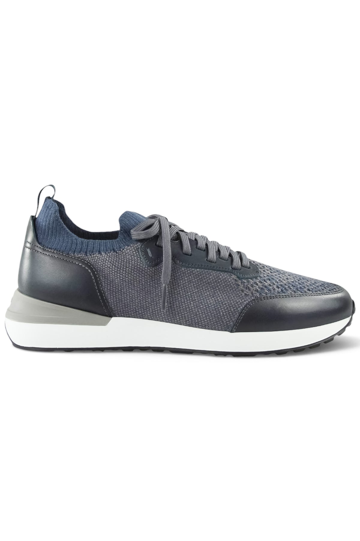 Men's knitted and leather trainers with lace-up front, grey speckled upper, white sole