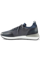 Men's trainers in grey knit with dark leather accents and lace-up front, side profile