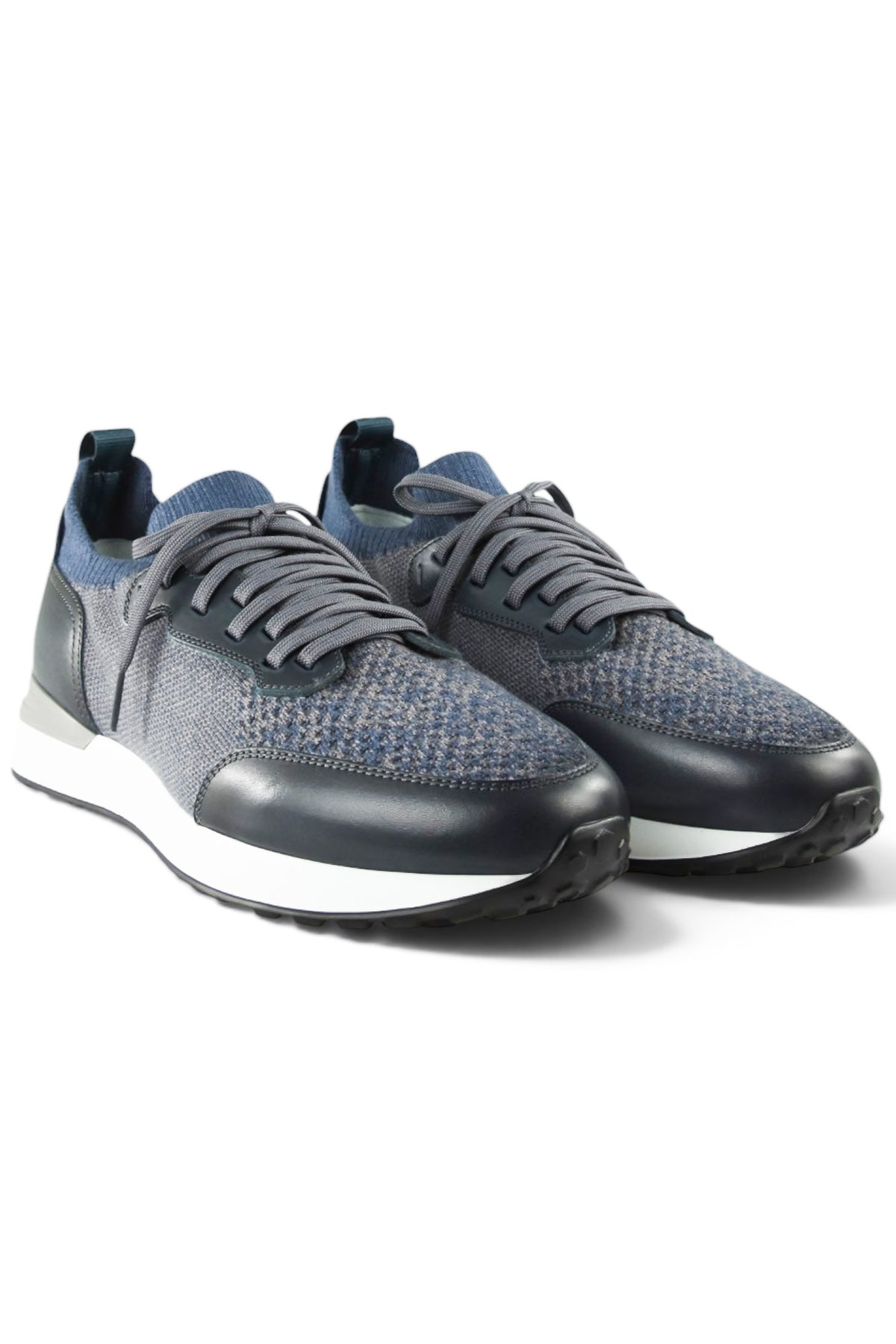 Pair of men's lace-up trainers with grey speckled knit uppers, dark leather toe and sides
