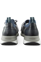 Men's trainers heel view with branded back tabs, dark leather heels and grey knit collars