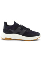 Navy knitted lace-up trainer sneaker with dark panels and white cushioned sole