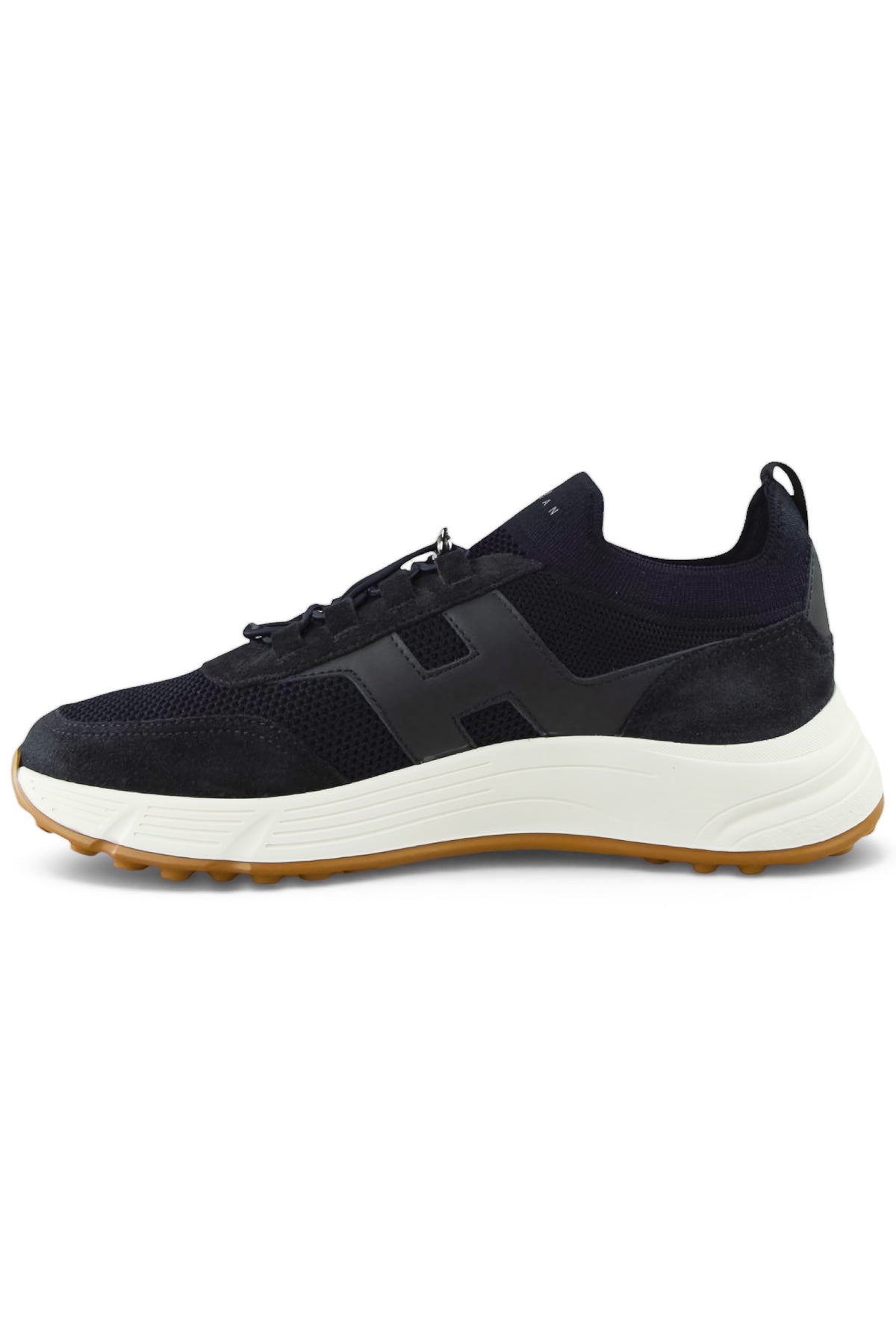 Navy knit lace-up trainer sneaker with cushioned white sole and gum outsole