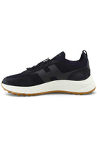 Navy knit lace-up trainer sneaker with cushioned white sole and gum outsole