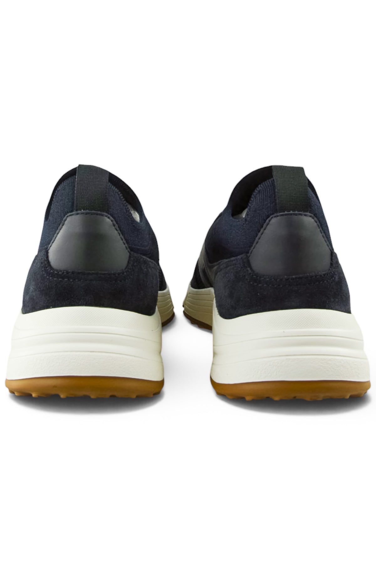 Back view of navy lace-up trainer sneakers with cushioned white heel sole