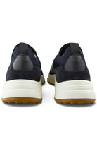 Back view of navy lace-up trainer sneakers with cushioned white heel sole