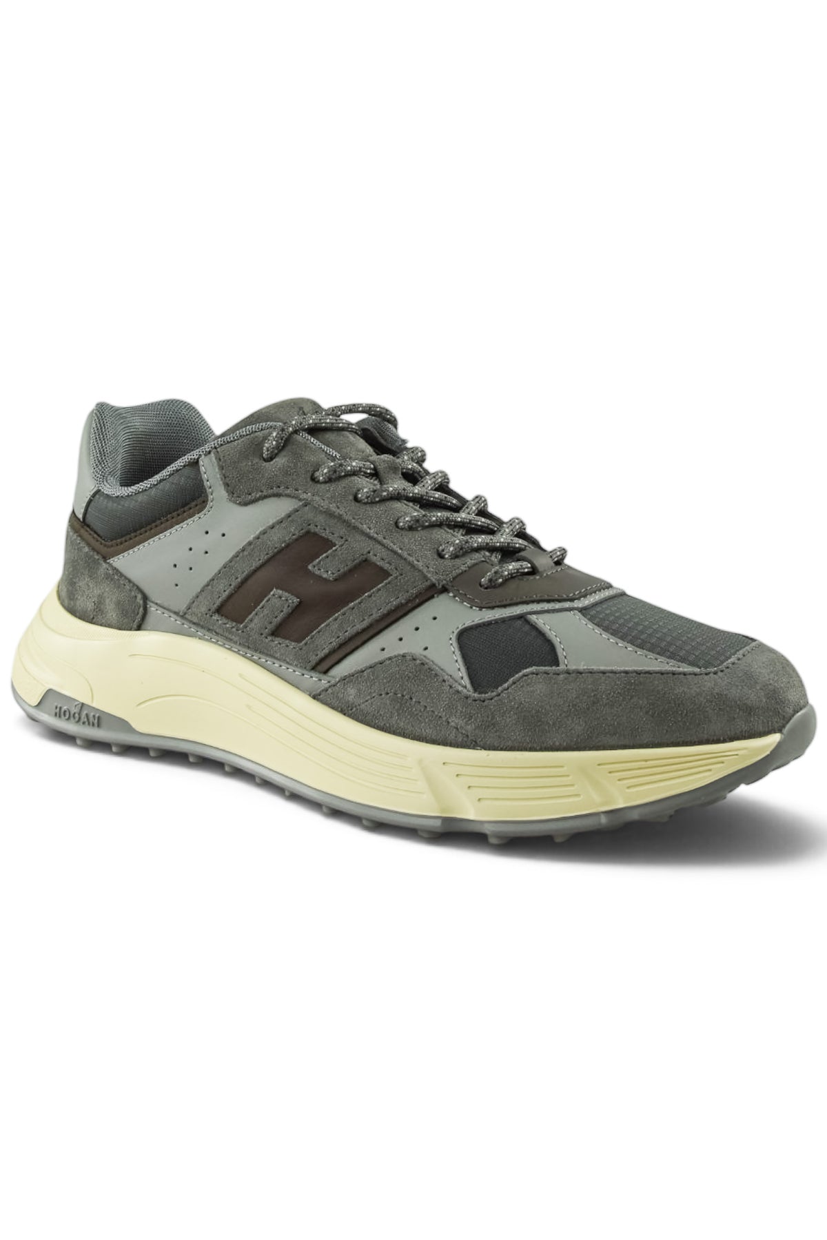 Grey lace-up runner with textured panels, H logo detail, and light yellow cushioning sole
