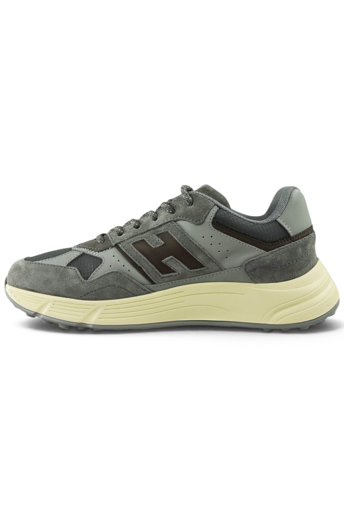 Grey lace-up sneaker trainer with side H logo, suede overlays, and thick light sole