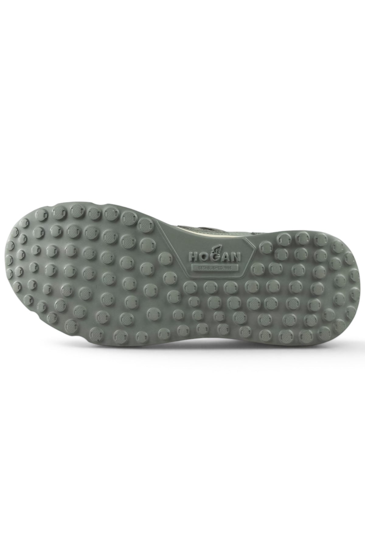 Grey rubber outsole with round traction nubs and Hogan logo on heel