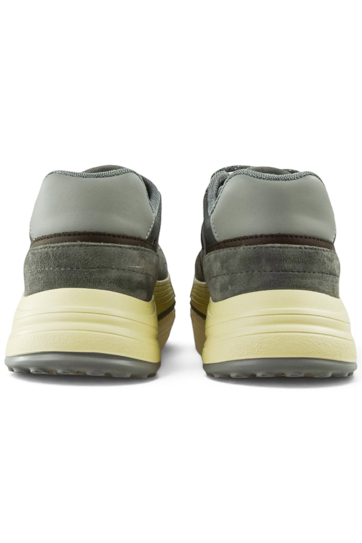 Back view of grey lace-up trainer with padded collar and light yellow midsole