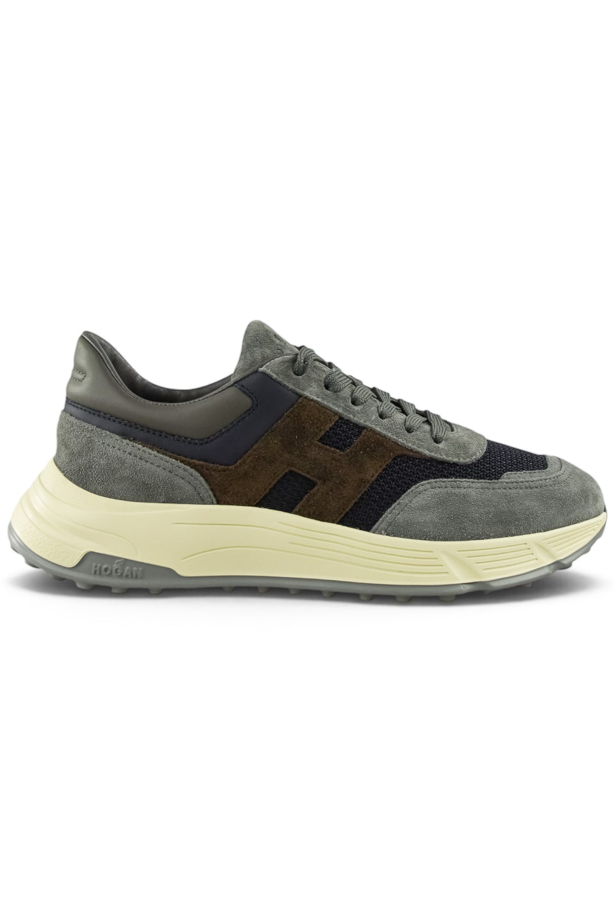Hogan runner trainer with grey suede, blue panels, brown accents, cream sole