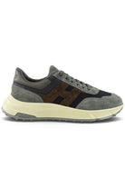 Hogan runner trainer with grey suede, blue panels, brown accents, cream sole
