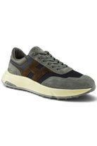 Hogan runner trainer in grey with blue and brown suede panels, cream midsole