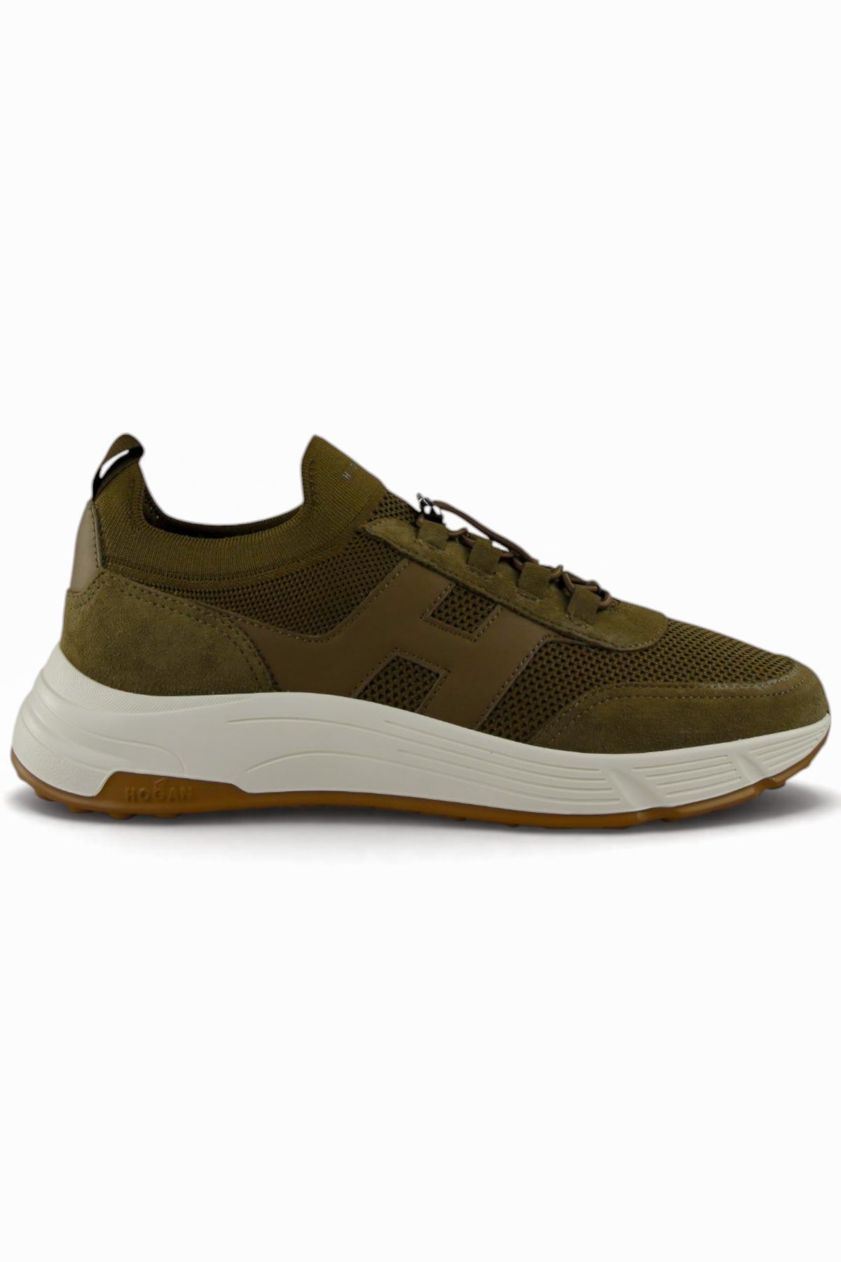 Khaki knitted lace-up trainer with suede panels and white rubber sole