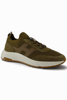 Khaki low-profile lace-up trainer with perforated knit panels and white sole