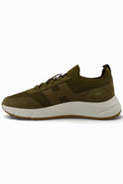 Khaki low-top lace-up trainer with perforated knit and cushioned white midsole