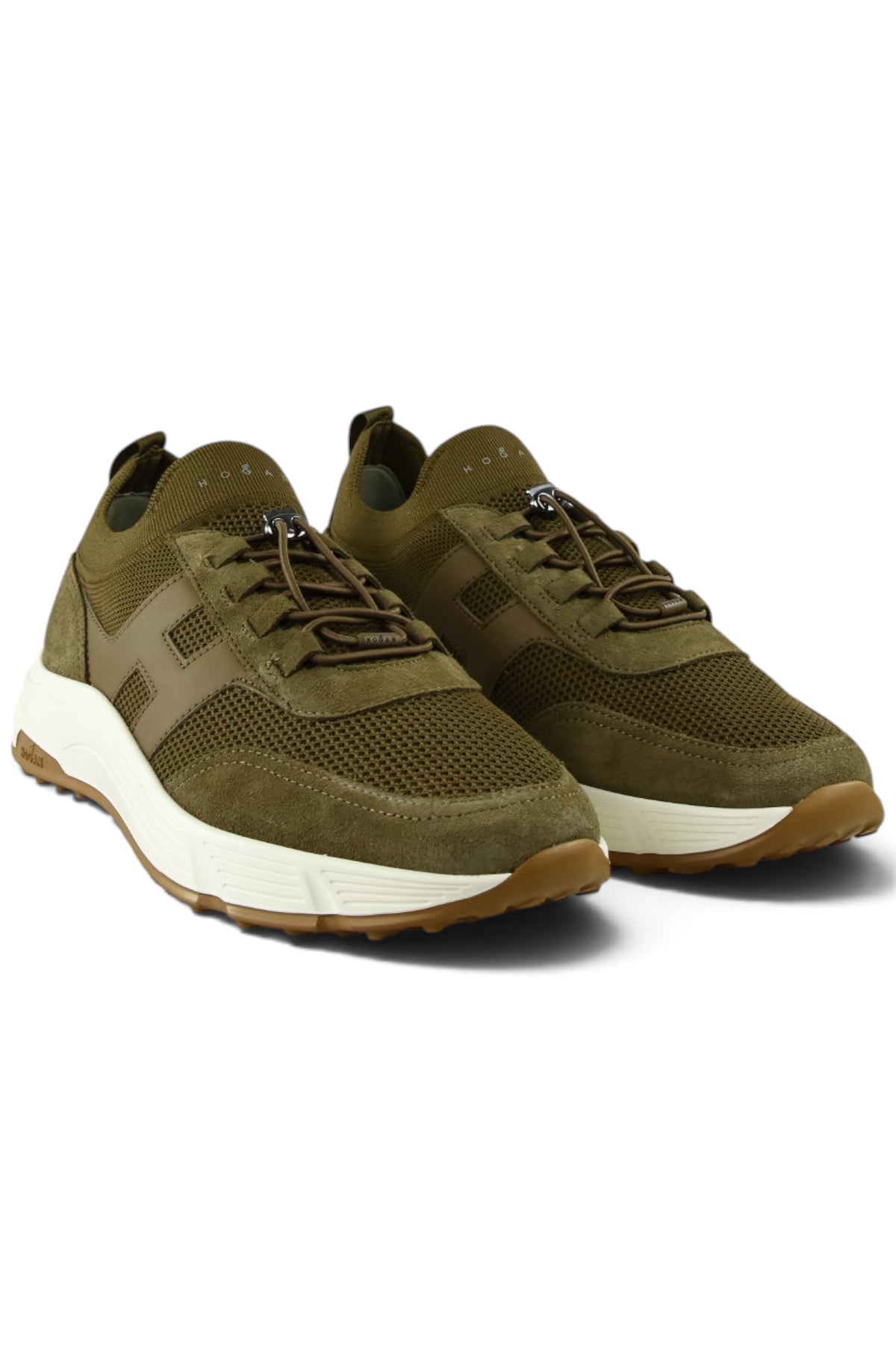 Pair of khaki lace-up knit trainers with white midsole