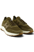 Pair of khaki lace-up knit trainers with white midsole