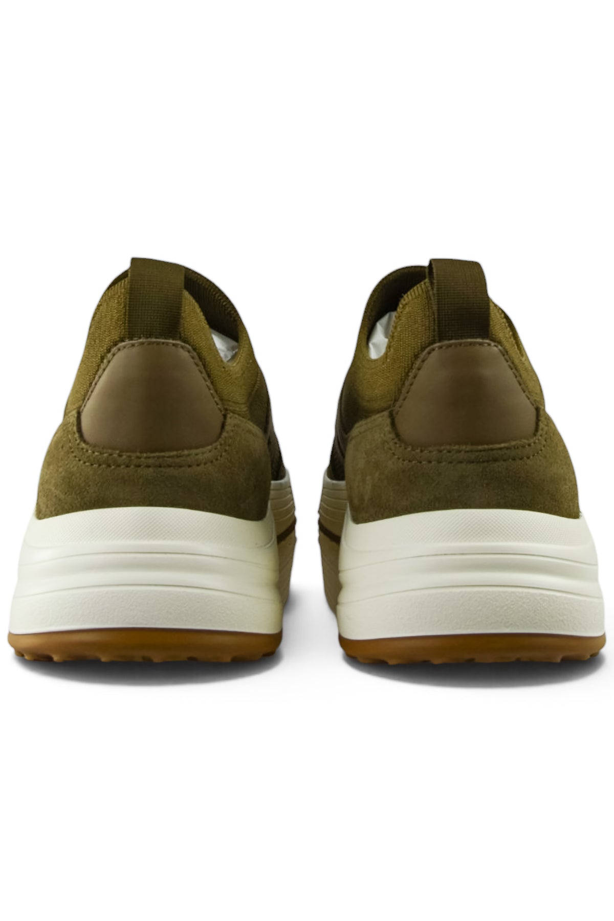 Khaki lace-up trainer heel with padded collar and white midsole