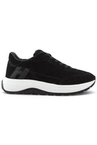 Black suede lace-up trainer with H side logo and white midsole