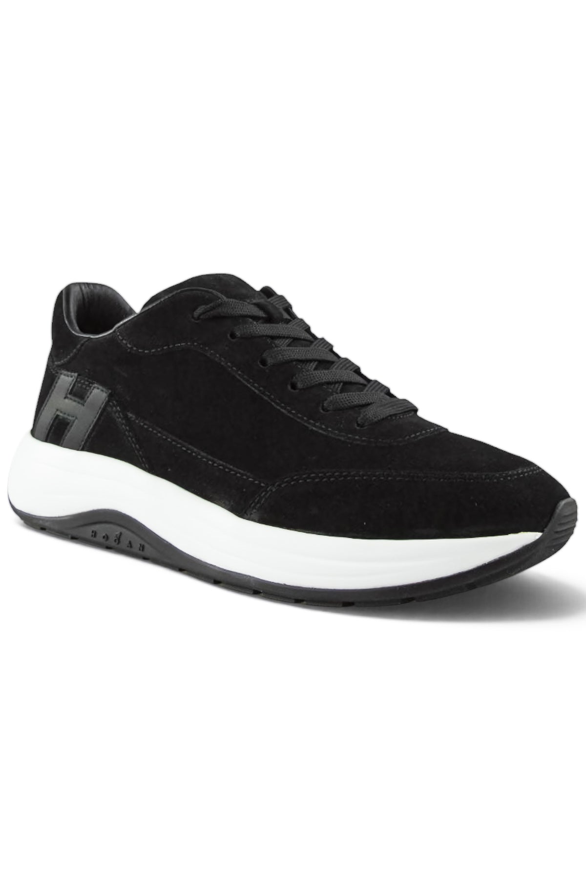 Black suede lace-up sneaker with H side logo and white rubber sole