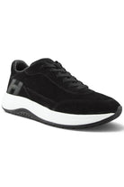 Black suede lace-up sneaker with H side logo and white rubber sole