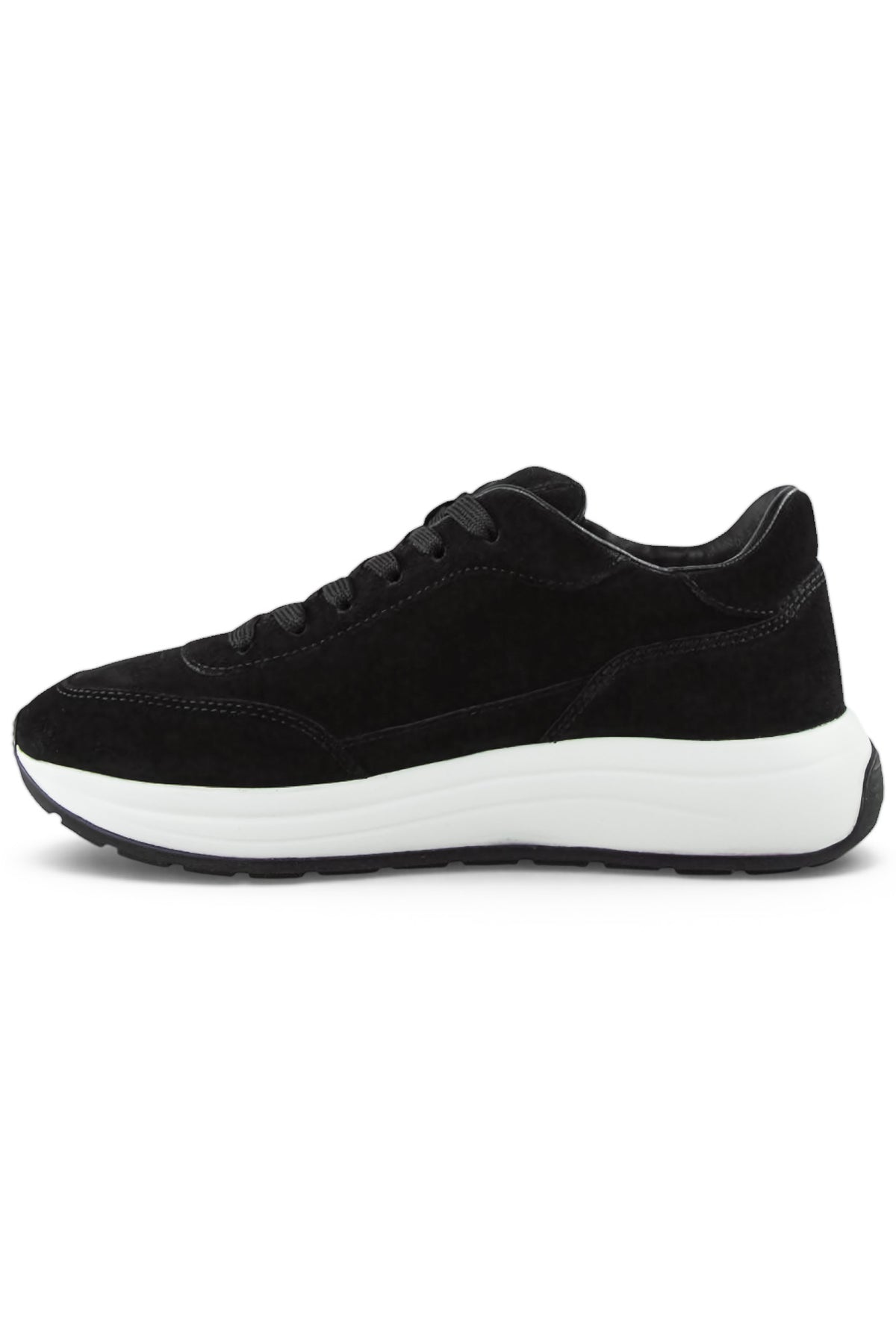 Black suede lace-up trainer with white midsole and low-profile outsole