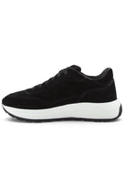 Black suede lace-up trainer with white midsole and low-profile outsole