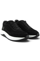 Pair of black suede lace-up trainers with H side logo and white soles
