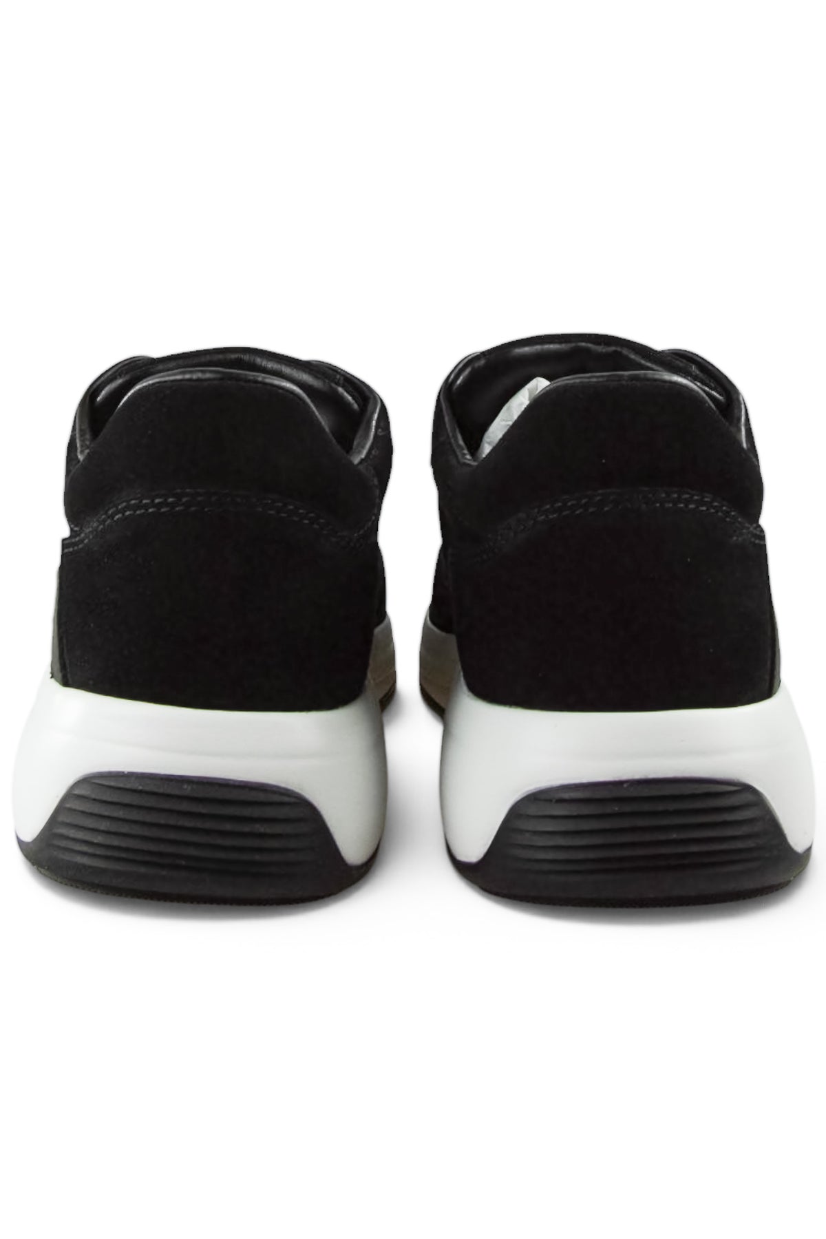 Black suede sneaker heels with white midsole and cushioned back