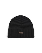 Black knitted wool beanie with ribbed cuff and small logo patch