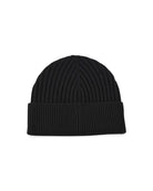 Black ribbed knitted wool beanie with fold-up cuff and knit texture