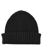 Black ribbed knit beanie with folded cuff, smooth crown