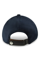 Night blue cap with adjustable leather strap, metal buckle and round logo tag