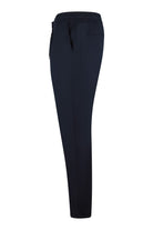 Navy textured jersey pant with elastic waistband and tapered, ankle-length fit