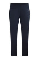 Navy textured jersey pants with side pockets and tapered cropped leg