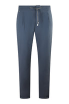 Steel grey technical stretch drawstring pants with elastic waist and tapered legs