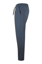 Steel grey technical stretch pants with drawstring waist and tapered ankle hem