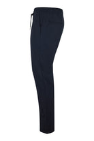 Dark navy technical stretch drawstring pants, side profile with tapered leg.